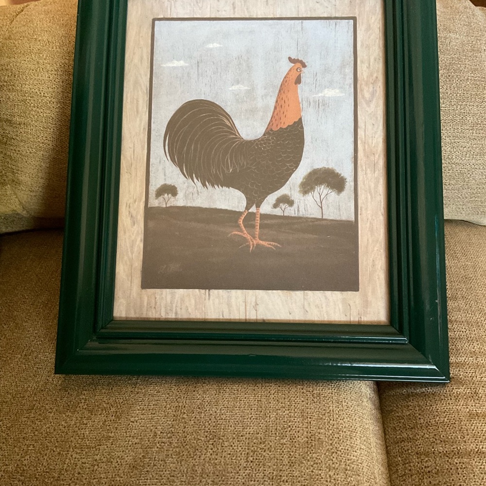Vintage Framed Rooster Signed Art Picture, Farmhouse, Hunter Green - Picture 2 of 11
